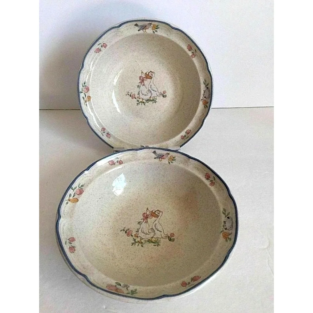 Set 2 International Stoneware Japan Cereal Soup Bowl Geese Lamb Bird Blue Rim - Picture 11 of 11